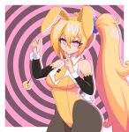  1girl @_@ ahoge akita_neru animal_ears antenna_hair black_gloves black_pantyhose blonde_hair border breasts buttons closed_mouth collared_leotard commentary covered_navel detached_ahoge elbow_gloves fake_animal_ears fake_tail gloves hairband highres holding holding_pendulum hypno_(vocaloid) index_finger_raised kaleislazy large_breasts leotard looking_at_viewer necktie pantyhose pendulum pink_background pink_eyes playboy_bunny ponytail rabbit_ears rabbit_tail smile solo spiral_background strapless strapless_leotard tail thick_thighs thighs tie_clip vocaloid white_border yellow_hairband yellow_leotard yellow_nails yellow_necktie yellow_trim 