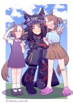  3girls absurdres animal_ears bandaid bandaid_on_knee bandaid_on_leg black_hair black_jacket blush brown_hair brown_skirt closed_eyes closed_mouth commentary_request crocs dress ears_through_headwear fenomeno_(black_flames_of_the_righteous_spirit)_(umamusume) fenomeno_(umamusume) flipped_hair gloves hat highres horse_ears horse_girl horse_tail horseshoe_hat_ornament horseshoe_ornament jacket long_hair long_sleeves multicolored_hair multiple_girls open_mouth peaked_cap polka_dot polka_dot_shirt purple_dress purple_hair salute shirt skirt smile streaked_hair tail umamusume v w3n6e white_gloves white_hair 