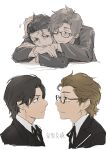  2boys black-framed_eyewear black_hair black_jacket brown_hair closed_mouth commentary_request dress_shirt face-to-face from_side gekkoukan_high_school_uniform glasses hiraga_keisuke hug hug_from_behind isa_(peien516) jacket male_focus multiple_boys multiple_views neck_ribbon odagiri_hidetoshi persona persona_3 rectangular_eyewear ribbon school_uniform shirt short_hair simple_background translation_request white_background white_shirt 