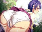  1boy 1girl all_fours ass ass_focus black_pants day dutch_angle from_behind from_below game_asset grass hinase_aya long_sleeves looking_at_viewer looking_back non-web_source official_art outdoors panties pants profile purple_eyes purple_hair purple_skirt shirt short_hair skirt stained_panties twin_blades underwear white_panties white_shirt yellow_shirt 