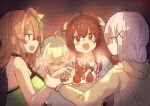  4girls :d ahoge birthday birthday_cake blonde_hair blush_stickers bowchan breasts cake candle candlelight chiyoda_momo closed_eyes commentary_request demon_girl demon_horns dress fang food fruit green_dress green_ribbon grey_shirt hair_between_eyes hair_bun hair_ornament hair_ribbon happy highres hinatsuki_mikan holding_another's_wrist hood hood_down hoodie horns large_breasts lemon lemon_slice lilith_(machikado_mazoku) long_hair looking_at_another looking_at_viewer machikado_mazoku multiple_girls open_mouth orange_hair pink_hair pointy_ears profile red_eyes red_hair ribbon shaded_face shirt single_side_bun skin_fang sleeveless sleeveless_dress smile strawberry upper_body v-shaped_eyebrows x_hair_ornament yellow_hoodie yoshida_yuuko 