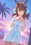  1girl absurdres ahoge animal_ears artist_logo artist_name ball beach beachball bikini bikini_under_clothes blue_bikini blue_eyes breasts brown_hair cleavage cloud cloudy_sky commentary commission cowboy_shot daring_tact_(umamusume) dress dutch_angle hair_ribbon highres horse_ears horse_girl logo medium_breasts medium_hair navel palm_tree pixiv_commission ribbon royalbunny003 see-through_clothes see-through_dress sky solo steepled_fingers sundress sunset swept_bangs swimsuit thigh_gap tree umamusume white_dress 