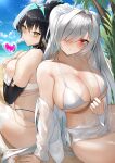  aqua_hair bikini black_hair blue_sky breasts cinderella_(crystal_wave)_(nikke) cinderella_(nikke) commentary_request detached_sleeves flower goddess_of_victory:_nikke hair_flower hair_intakes hair_ornament highres little_mermaid_(nikke) little_mermaid_(shell_princess)_(nikke) long_hair looking_at_viewer medium_breasts multicolored_hair nori_aji official_alternate_costume old_tales_(nikke) red_eyes sarong shirt sky smile swimsuit thighs twintails two-tone_hair very_long_hair white_bikini white_hair white_sarong white_shirt yellow_eyes 
