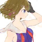  1girl arm_up bad_drawr_id bad_id black_gloves blue_eyes blue_shirt breasts brown_hair closed_mouth collarbone gloves gnsi hair_ornament hand_on_own_head kantai_collection loose_neckerchief maya_(kancolle) medium_breasts neckerchief no_bra profile red_neckerchief sailor_collar shirt short_hair sideboob sleeveless sleeveless_shirt solo upper_body white_background white_sailor_collar x_hair_ornament 
