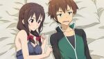  1boy 1girl anime_coloring bare_shoulders black_jacket black_nightgown black_shirt blush bow braid breasts brown_hair cleavage closed_mouth crown_braid game_asset green_eyes green_jacket hair_bow highres jacket jitome kono_subarashii_sekai_ni_shukufuku_wo! kono_subarashii_sekai_ni_shukufuku_wo!_kono_yokubukai_game_ni_shinpan_o! large_breasts looking_ahead looking_at_another low_twintails lying multicolored_jacket nightgown non-web_source official_art on_back on_bed on_side open_mouth partially_open_jacket pillow red_bow red_eyes satou_kazuma self-datamine shirt short_hair track_jacket twintails two-tone_jacket upper_body v-shaped_eyebrows variant_set yunyun_(konosuba) 