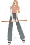  1girl baggy_pants bare_arms brown_eyes casual clima-tact commentary_request full_body grey_pants highres holding holding_staff long_hair looking_at_viewer nami_(one_piece) official_alternate_costume one_piece one_piece_heroines open_mouth orange_hair pants pink_shirt sandals sawa_0826 shirt short_sleeves shoulder_tattoo sidelocks simple_background solo staff standing straight-on tattoo translation_request twitter_username wavy_hair white_background 