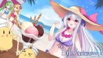  3girls :d absurdres azur_lane beach bikini bird blastose1 blonde_hair blue_bikini blue_sky breasts cherry comet_(azur_lane) commentary crescent_(azur_lane) cygnet_(azur_lane) cygnet_(sea_star_on_shore)_(azur_lane) english_commentary flower flower_necklace food fruit green_hair hat highres ice_cream manjuu_(azur_lane) multiple_girls ocean open_mouth outdoors purple_bikini red_bikini red_eyes ribbon seagull siblings sky smile straw_hat strawberry sundae swimsuit table wafer_stick white_hair 