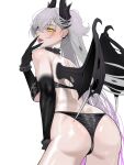  1girl absurdres ass back bare_shoulders bikini black_bikini black_hands blue_notuki blush breasts choker colored_extremities commentary_request crossed_bangs demon_girl demon_horns demon_wings ear_piercing fate/grand_order fate_(series) frilled_choker frilled_wrist_cuffs frills green_eyes grey_hair hair_between_eyes highres horns lilith_(fate) lilith_(stormy_night)_(fate) long_hair looking_at_viewer looking_back medium_breasts piercing pointy_ears solo swimsuit thighs tongue tongue_out twintails very_long_hair wings wrist_cuffs 