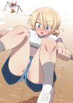  1girl absurdres ass blonde_hair blue_eyes blue_shorts blush braid breasts commentary_request darjeeling_(girls_und_panzer) girls_und_panzer gym_uniform gymnastics highres jinguu_(4839ms) large_breasts open_mouth panties pantyshot shirt shorts solo underwear white_panties white_shirt 