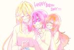  3girls amaori_renako ao_(aymr6215) ashigaya_high_school_uniform blonde_hair blush bow bowtie brown_hair closed_eyes collared_shirt commentary_request grin hair_intakes hand_on_another's_shoulder happy_birthday highres holding_hands long_hair medium_hair multiple_girls open_mouth ouzuka_mai purple_eyes purple_hair red_bow red_bowtie school_uniform sena_ajisai shirt smile watashi_ga_koibito_ni_nareru_wake_naijan_murimuri! white_shirt yuri 