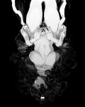  1girl areola_slip artist_logo artist_name big_hair black_background body_piercings breasts breasts_apart bridge_piercing choker closed_mouth commentary ear_piercing english_commentary eyebrow_piercing eyelashes eyeliner face_piercing female_pubic_hair fingernails godiva_ghoul greyscale hands_on_own_crotch highres jewelry large_areolae large_breasts linea_semilunaris lips logo long_hair looking_at_viewer makeup mole monochrome multiple_moles navel necklace nipple_piercing nipples nose one_breast_out one_eye_closed open_clothes original pearl_necklace piercing pubic_hair pussy robe simple_background single_long_fingernail solo stomach studded_choker studs thigh_gap thighs upside-down wavy_hair wide_sleeves 