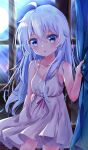 1girl aged_down ahoge bare_shoulders blue_eyes blush breasts collarbone commentary_request dress elaina_(majo_no_tabitabi) grey_hair hair_between_eyes highres indoors long_hair looking_at_viewer majo_no_tabitabi open_mouth popokki sleeveless sleeveless_dress small_breasts white_dress 
