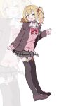  >_o 1girl absurdres black_skirt black_thighhighs blazer blonde_hair bow bowtie brown_choker brown_jacket brown_shoes cardigan choker collared_shirt commentary film_grain full_body garter_straps gradient_hair hair_ribbon highres hoshikawa_sara hoshikawa_sara_(4th_costume) jacket lapels loafers long_sleeves medium_hair miniskirt multicolored_hair nijisanji notched_lapels one_eye_closed open_clothes open_jacket open_mouth pink_cardigan pink_hair plaid_clothes plaid_skirt pleated_skirt red_bow red_bowtie red_ribbon ribbon school_uniform shirt shoes skirt sleeves_past_wrists smile solo thighhighs twintails two-tone_hair virtual_youtuber white_shirt yellow_eyes zezezezennte zoom_layer 
