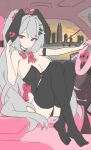  1girl animal_ear_hairband animal_ears arm_strap black_choker black_leotard black_thighhighs bow bowtie breasts car car_interior chair character_request choker cleavage commentary_request copyright_request fake_animal_ears feet_on_chair from_side grey_hair hair_intakes hair_ornament hairband hairclip hand_up heart highleg highleg_leotard highres korean_commentary leotard long_hair looking_at_viewer motor_vehicle multiple_hairclips no_shoes nokde parallel_hairclips pink_bow pink_bowtie pink_car pink_eyes pink_theme pinky_out sitting sketch solo steering_wheel strapless strapless_leotard thighhighs very_long_hair waist_bow zettai_ryouiki 