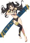  1girl absurdres arm_warmers armlet asymmetrical_legwear asymmetrical_sleeves bikini black_hair breasts chidawadachi cleavage commentary detached_sleeves earrings elbow_gloves fate/grand_order fate_(series) gloves hair_ribbon heavenly_boat_maanna highres hoop_earrings ishtar_(fate) jewelry long_hair long_legs looking_at_viewer mismatched_bikini navel neck_ring open_mouth parted_bangs red_eyes ribbon simple_background single_arm_warmer single_detached_sleeve single_elbow_glove single_thighhigh smile solo swimsuit thighhighs tiara two_side_up uneven_legwear uneven_sleeves white_background 