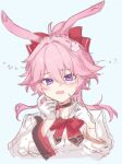  1girl animal_ears asymmetrical_sleeves black_choker blush bow bowtie breasts choker collared_shirt commentary_request evanescia_(honkai:_star_rail) flower fox_ears fox_girl gloves hair_between_eyes hair_bow hair_flower hair_ornament hands_up highres ho_u_u_bo honkai:_star_rail honkai_(series) jacket long_sleeves looking_at_viewer medium_breasts mismatched_sleeves neck_ribbon open_clothes open_jacket open_mouth pink_hair purple_eyes red_bow red_bowtie red_ribbon ribbon shirt short_hair sidelocks simple_background solo tearing_up topknot upper_body wavy_hair white_background white_flower white_gloves white_jacket white_shirt wide_sleeves 