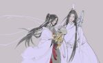  2boys alternate_costume bichen_sword black_hair black_hanfu black_sash chinese_clothes coat commentary couple english_commentary faux_traditional_media floating_hair glassbearer grandmaster_of_demonic_cultivation grey_background grey_eyes hair_ribbon hanfu headband height_difference highres holding holding_ofuda holding_skull ink_wash_painting lan_wangji long_hair long_sleeves looking_at_another looking_down male_focus multiple_boys ofuda open_clothes open_coat ponytail red_sash ribbon robe sash sheath sheathed shoulder_strap sidelocks simple_background sketch skull smile standing sword sword_on_back sword_tassel talisman tassel topknot very_long_hair weapon weapon_on_back weapon_tassel wei_wuxian white_coat white_hanfu white_headband white_ribbon white_sash wide_sleeves xiao_guan_(headdress) yaoi yellow_eyes 