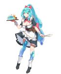  1girl absurdres apron aqua_eyes black_dress black_shoes blue_skin bow bowtie breasts cleavage colored_skin dress full_body grin highres holding holding_tray holding_whisk large_breasts liuye_(unknownnebu1a) long_hair maid medium_dress monster_girl original red_bow red_bowtie shoes short_sleeves simple_background slime_(creature) slime_girl slime_hair smile tachi-e tray very_long_hair waist_apron whisk white_background wrist_cuffs 