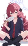  1girl absurdres ahoge black_shorts black_socks blue_archive blue_shirt blush breasts collarbone collared_shirt commentary_request fluffy_hair full_body grey_eyes hair_between_eyes halo hand_fan hand_on_floor highres holding holding_fan indian_style iroha_(blue_archive) kneehighs long_hair long_sleeves loose_necktie necktie open_mouth paid_reward_available purple_halo red_hair red_necktie shijima_(shijima_tc) shirt shorts sitting sleeves_rolled_up small_breasts socks solo sweat white_background 