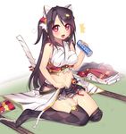  1girl :d animal_ears argyle argyle_legwear bare_shoulders bell black_hair breasts can cat_ears cat_tail garter_straps hair_ornament holding kashiwamochi_yomogi long_hair looking_at_viewer medium_breasts navel open_mouth red_eyes sengoku_collection sitting skirt sleeveless smile solo tail tail_bell takatora_todo_(sengoku_collection) thighhighs thighhighs_pull 