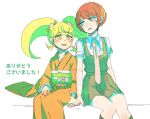  2girls blonde_hair blush blush_stickers bow collared_shirt commentary_request danganronpa_(series) danganronpa_2:_goodbye_despair dress eyelashes fingernails freckles green_bow green_dress green_eyes green_sash green_socks hair_bow holding_hands japanese_clothes kimono kneehighs koizumi_mahiru long_hair long_sleeves multiple_girls necktie obi open_mouth orange_eyes orange_kimono pinafore_dress pink_necktie red_hair saionji_hiyoko sash shinshishinc shirt short_hair short_sleeves simple_background sitting sleeveless sleeveless_dress smile socks teeth translation_request twintails upper_teeth_only white_background white_shirt 