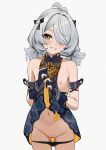  1girl absurdres antenna_hair armlet bar_censor bare_shoulders black_dress black_panties blue_dress blue_gloves blush censored clothes_lift collared_dress dracaene_sunbringer dress dress_lift duplicate flat_chest gloves grey_hair hair_ornament hair_over_one_eye highres jewelry lifting_own_clothes looking_at_viewer medium_hair mosaic_censoring naughty_face navel nipples panties panty_pull partially_fingerless_gloves pussy_juice pussy_juice_stain pussy_juice_trail senapops short_hair short_twintails simple_background sleeveless sleeveless_dress smile solo stained_panties sweat twintails two-tone_dress underwear wet wet_clothes wet_panties white_background yellow_eyes zenless_zone_zero 