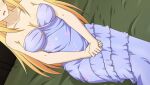  1girl anime_coloring arms_between_legs bare_shoulders blonde_hair blush breasts cleavage collarbone cowboy_shot darkness_(konosuba) dress dutch_angle eyes_out_of_frame floral_print floral_print_dress game_asset hair_down head_out_of_frame highres indoors kono_subarashii_sekai_ni_shukufuku_wo! kono_subarashii_sekai_ni_shukufuku_wo!_kono_yokubukai_game_ni_shinpan_o! large_breasts layered_dress long_dress long_hair non-web_source official_art on_bed open_mouth own_hands_together print_dress purple_dress self-datamine sidelocks sitting solo stone_wall strapless strapless_dress variant_set 
