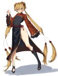 1girl absurdres black_shoes blonde_hair breasts chinese_clothes commentary_request covered_navel crossdressing crossdressing_(mtf) dhlrhkrwnals double_bun full_body gender_request hair_bun highres hongyuan_(identity)_(project_moon) korean_commentary limbus_company long_hair long_sleeves looking_at_viewer project_moon rope_belt shoes simple_background sinclair_(project_moon) small_breasts solo twintails white_background wide_sleeves yellow_eyes 