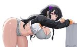  1girl absurdres adapted_costume akihitoevon alternate_costume alternate_hairstyle ass bent_over black_hair bra braid breasts calvin_klein cleavage clothes_writing commentary commission commissioner_upload elsa_granhilte english_commentary flower from_side grey_bra grey_panties grey_sports_bra hair_down hair_flower hair_ornament hanging_breasts highres jacket large_breasts leaning_on_object long_hair looking_at_viewer mole mole_under_eye navel panties purple_eyes purple_flower purple_rose re:zero_kara_hajimeru_isekai_seikatsu rose smile solo sports_bra sports_panties stomach track_jacket twitter_username underwear underwear_writing white_background 