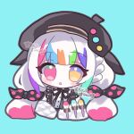  1girl aqua_background beret black_hat bow chibi collared_shirt colored_tips commentary_request contrast_collar hair_bow hat heterochromia jacket jacket_partially_removed jogasaki_noah long_hair looking_at_viewer mahou_shoujo_no_majo_saiban multi-tied_hair multicolored_eyes multicolored_hair neck_ribbon off_shoulder paintbrush polka_dot polka_dot_bow red_eyes ribbon shirt simple_background solo streaked_hair sumike_so translation_request upper_body white_hair white_shirt yellow_eyes 