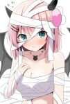  1girl absurdres bandaged_arm bandaged_head bandaged_torso bandages bare_shoulders blunt_bangs blush breast_suppress breasts cleavage closed_mouth collarbone commentary_request demon_horns demon_wings embarrassed eyes_visible_through_hair fake_horns fake_wings fang flying_sweatdrops green_eyes hair_between_eyes hair_ornament hairclip halloween halloween_costume hand_up highres horns hosinonana looking_at_viewer machikado_mazoku medium_breasts medium_hair mummy_costume naked_bandage parallel_hairclips pink_hair simple_background solo upper_body v-shaped_eyebrows white_background wings yoshida_yuuko 