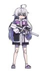  1girl ahoge ammunition_pouch bullpup closed_mouth commission finger_on_trigger fn_p90 gun highres holding holding_weapon hood hooded_jacket jacket joints karepack long_hair long_sleeves looking_at_viewer multicolored_jacket original oversized_jacket pouch purple_eyes purple_jacket robot_joints solo submachine_gun suppressor two-tone_jacket weapon white_hair white_jacket 