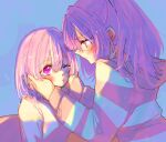  2girls amaori_haruna amaori_renako ao_(aymr6215) blue_background blush commentary_request ear_blush hands_on_another's_face highres hood hoodie incest long_hair medium_hair multiple_girls one_eye_closed parted_lips pink_hair ponytail purple_eyes siblings sisters striped_clothes striped_hoodie watashi_ga_koibito_ni_nareru_wake_naijan_murimuri! yuri 