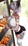  1girl :q animal_ears arm_tattoo black_nails black_shorts breast_press breasts cleavage croissant dolphin_shorts earrings fake_animal_ears finger_tattoo fingernails food grey_hair havoc-chan highres huge_breasts jewelry leg_tattoo nail_polish original short_hair shorts solo standing suou-sensei tattoo thighhighs tongue tongue_out white_thighhighs 