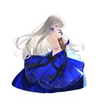  1girl absurdres artist_request back bare_shoulders black_gloves blonde_hair blue_eyes bow breasts butt_crack dress dress_bow elbow_gloves game_asset gloves hair_over_one_eye heart highres jewelry large_bow large_breasts long_dress long_hair looking_at_viewer official_alternate_costume official_art poker_fate ribbon see-through_clothes see-through_gloves shiraishi_irina shiraishi_irina_(starlit_carriage) shoulder_blades sleeveless sleeveless_dress solo transparent_background 