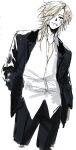  1boy bandaid bandaid_on_face black_jacket black_pants blazer blonde_hair brown_eyes closed_mouth collared_shirt commentary cowboy_shot dress_shirt earrings frown gauze gauze_on_face hair_over_one_eye hands_in_pockets head_tilt highres jacket jewelry lapels looking_at_viewer male_focus medium_hair notched_lapels one_eye_covered open_clothes open_collar open_jacket pants sakurai_ruka school_uniform shirt simple_background single_earring sketch solo taro_sandayo tokimeki_memorial tokimeki_memorial_girl's_side tokimeki_memorial_girl's_side_3rd_story untucked_shirt white_background white_shirt wing_collar wolf_cut 