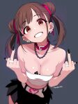  1girl amaderoka armpit_crease bare_shoulders belt black_skirt blacked_female blush breast_tattoo breasts brown_eyes brown_hair cleavage collarbone cowboy_shot double_bun double_middle_finger ear_piercing eyeliner fingernails grey_background hair_bun heart idolmaster idolmaster_shiny_colors jewelry large_breasts leaning_forward long_hair looking_at_viewer makeup middle_finger midriff miniskirt nail_polish navel necklace piercing queen_of_spades_symbol race_fetishism race_fetishism_symbol ring shirt simple_background skindentation skirt smile solo sonoda_chiyoko spade_(shape) spade_tattoo stomach tattoo teeth thighs twintails two_side_up white_belt white_shirt 