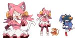  3girls :d ;d absurdres animal_ear_fluff animal_ears aqua_(deltarune) bell black_hair blue_skin cat_ears cat_girl cat_tail colored_skin commentary deltarune gloves green_eyes hair_bell hair_ornament hair_over_eyes hand_up heart highres korean_commentary leg_up long_hair mad_mew_mew magg_(user_mtca8588) multiple_girls multiple_views ojou-sama_pose one_eye_closed open_mouth orange_(deltarune) paw_print red_shoes shoes short_sleeves simple_background skirt smile tail twintails utdr_(toby_fox) v white_background white_gloves white_shoes white_skirt 