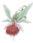  ascot bad_id bad_pixiv_id barefoot floating_hair full_body green_hair green_wings hukasikasi kazami_yuuka kazami_yuuka_(pc-98) long_hair long_skirt long_sleeves multiple_wings red_eyes seihou skirt skirt_set solo touhou very_long_hair vest white_background white_wings wings 