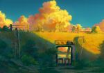  2girls artist_request blue_sky bridge bush cloud evening grass highres loca! mirror multiple_girls official_art outdoors railing road_sign sign sky traffic_mirror walking 