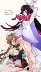  2girls black_hair blue_eyes breasts brown_hair closed_mouth columbina_(genshin_impact) detached_sleeves dress english_text erection futa_with_female futanari genshin_impact gloves highres large_breasts long_hair long_sleeves looking_at_penis moshyuu multiple_girls one_eye_closed parted_lips penis penis_awe precum purple_eyes sandrone_(genshin_impact) smile standing stretching thighhighs white_dress white_gloves white_thighhighs 