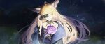  1girl ahoge animal_ear_fluff animal_ears arknights bare_shoulders black_choker blonde_hair breasts camera chinese_commentary choker collarbone commentary_request corsage dress floating_hair floral_print floral_print_kimono flower fox_ears fox_girl grass highres holding holding_camera japanese_clothes kimono leaning_forward light_particles lipgloss long_hair medium_breasts nature night official_alternate_costume one_eye_closed one_eye_covered open_clothes open_kimono outdoors print_kimono purple_dress purple_flower purple_kimono single_off_shoulder siralolitx smile solo upper_body vulpisfoglia_(arknights) vulpisfoglia_(out_of_focus)_(arknights) wide_sleeves 