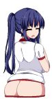  1girl ^_^ ass blue_hair blue_panties blush breasts buruma buruma_pull closed_eyes clothes_pull from_behind game_asset gym_shirt gym_uniform hair_between_eyes ikeda_(kasutera) large_breasts large_variant_set long_hair long_sidelocks looking_back lowres no_panties non-web_source official_art open_mouth panties pixel_art puffy_short_sleeves puffy_sleeves raised_inner_eyebrows red_buruma self-datamine shirt short_sleeves side_ponytail sidelocks simple_background smile solo standing summer_memories tachi-e transparent_background underwear variant_set yui_(summer_memories) 