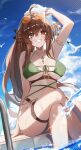  1girl absurdres ahoge bikini bird blue_sky breasts brown_feathers brown_hair chest_strap cleavage commentary crossed_legs english_commentary eyewear_on_head feather_hair_ornament feathers green_bikini grey_eyes hair_between_eyes hair_ornament harasaki heterochromia highres indie_virtual_youtuber jewelry kumi_(vtuber) large_breasts long_hair looking_at_viewer necklace orange-tinted_eyewear orange_eyes outdoors pointy_ears ponytail poolside scar scar_across_eye scar_on_face sitting sky smile solo sunglasses swimsuit thigh_strap thighs tinted_eyewear virtual_youtuber wet 