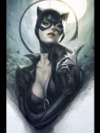  1girl abstract_background animal_ears arms_under_breasts bat_(animal) batarang blue_eyes breasts cat_mask catsuit catwoman cleavage commentary dc_comics english_commentary fake_animal_ears highres holding looking_at_viewer marker_(medium) mask parted_lips photo_(medium) picture_frame self_hug signature sketch solo stanley_lau traditional_media whip 