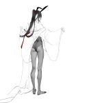  1boy alternate_costume animal_ears ass back bare_shoulders crossdressing crossdressing_(mtf) english_commentary fake_animal_ears from_behind full_body glassbearer grandmaster_of_demonic_cultivation greyscale hair_ribbon highres leotard long_hair long_sleeves male_focus male_playboy_bunny monochrome no_shoes off_shoulder open_clothes open_robe pantyhose playboy_bunny ponytail rabbit_ears rabbit_tail red_ribbon ribbon robe see-through_clothes sidelocks simple_background sketch solo spot_color standing tail trap undressing very_long_hair wei_wuxian white_background wide_sleeves 