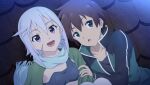  1boy 1girl :d anime_coloring black_jacket black_shirt blue_scarf brown_hair capelet chris_(konosuba) collarbone crop_top diamond_earrings dutch_angle earrings game_asset green_capelet green_eyes green_jacket grey_hair hand_on_another's_shoulder highres jacket jewelry kono_subarashii_sekai_ni_shukufuku_wo! kono_subarashii_sekai_ni_shukufuku_wo!_kono_yokubukai_game_ni_shinpan_o! looking_to_the_side looking_up multicolored_jacket night non-web_source official_art on_roof open_clothes open_jacket open_mouth outdoors purple_eyes satou_kazuma scar scar_on_cheek scar_on_face scarf self-datamine shirt short_hair side_ahoge sitting_on_roof smile thighhighs tile_roof track_suit triangle_mouth two-tone_jacket upper_body upwards_triangle_mouth variant_set white_thighhighs 