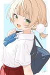  1girl absurdres bag blue_background blue_bow blue_bowtie blush border bow bowtie collared_shirt commentary_request cowboy_shot green_eyes hair_ornament highres indie_virtual_youtuber looking_at_viewer open_mouth outside_border pleated_skirt pom_pom_(clothes) pom_pom_hair_ornament red_skirt school_bag school_uniform shigure_ui_(summer_uniform)_(vtuber) shigure_ui_(vtuber) shirt short_twintails signature simple_background skirt smile solo teruteru_desu twintails virtual_youtuber white_border wing_collar 