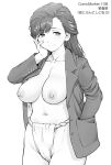  1girl asymmetrical_bangs breasts collarbone commentary_request cowboy_shot fundoshi greyscale hand_in_pocket hand_on_own_cheek hand_on_own_face jacket japanese_clothes lapels long_sleeves medium_breasts monochrome navel nipples open_clothes open_jacket original parted_bangs smile solo tk_(takotsuboya) translation_request 