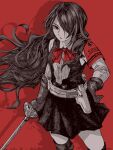  1girl absurdres artist_name byrrenn closed_mouth commentary hair_over_one_eye hand_on_own_hip highres holding holding_sword holding_weapon kirijou_mitsuru long_hair persona persona_3 persona_3_reload red_background red_eyes s.e.e.s solo sword weapon 